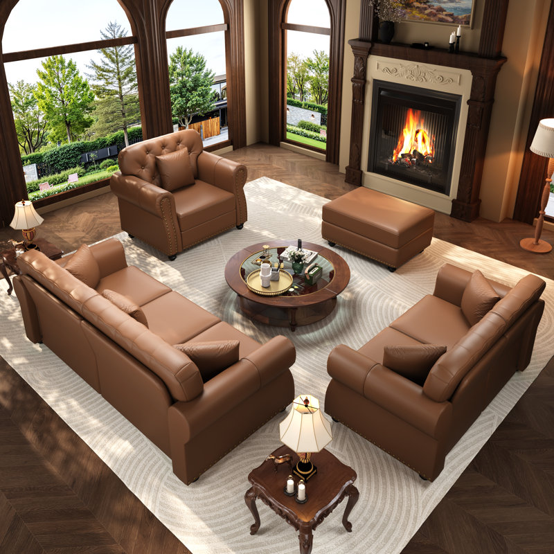 Ensemble de salon 3 pièces en similicuir Chesterfield, 4 Pieces: Sofa, Loveseat, Chair, Ottoman, Brown