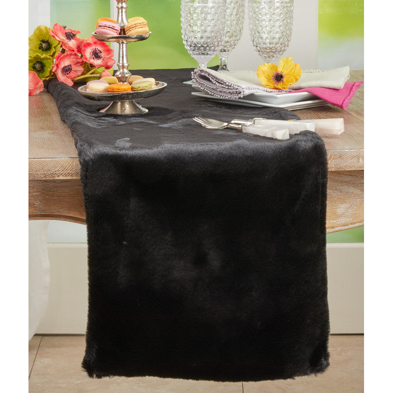 Faux Rabbit Fur Collection Solid Colour Table Runner, Black
