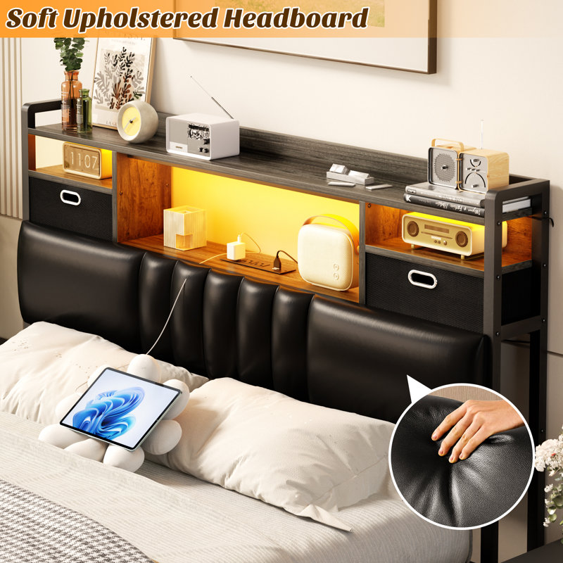 Têtes de lit avec rangement 45 po, prises USB, ports USB et lumières DEL, Full, Gris