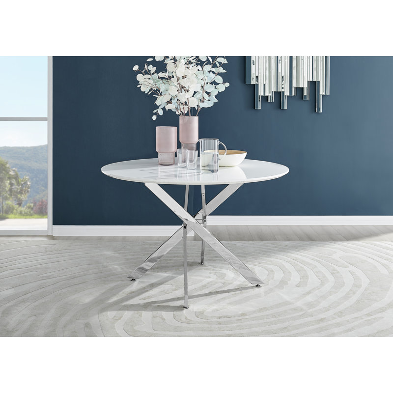 Eubanks Luxury Metal and White Gloss Round Dining Table - Modern Statement Design, 75 x 120 x 120cm, Silver