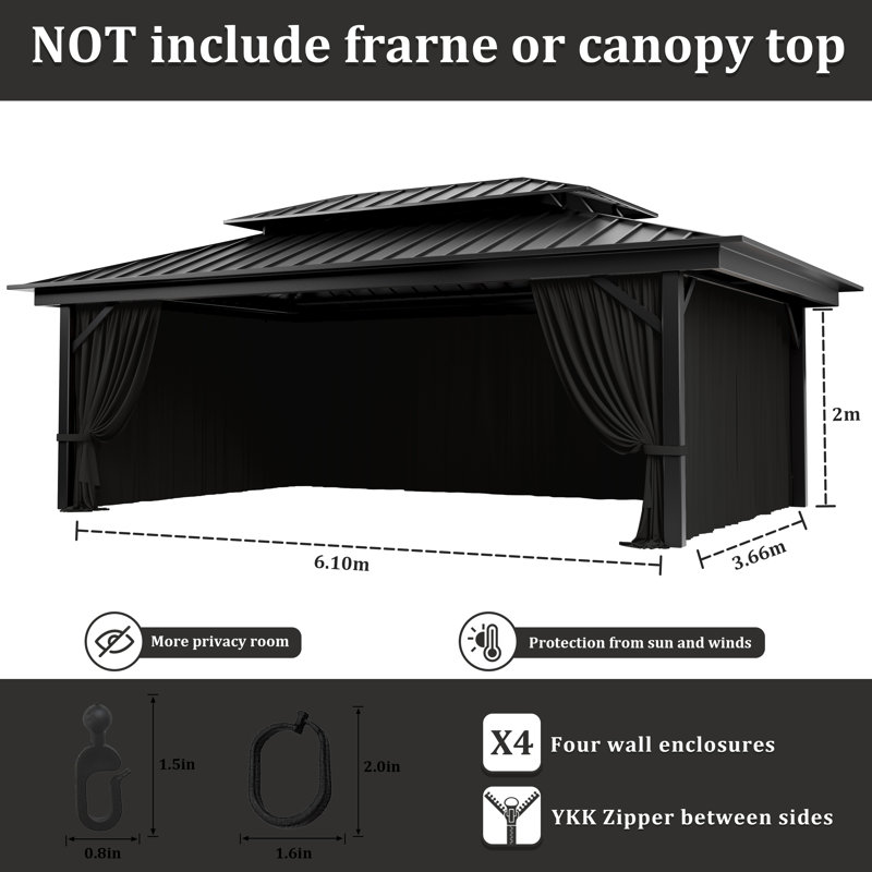 Rideaux à 4 panneaux latéraux pour pavillon de jardin, seulement rideaux, H 78,74 po x l 240 po x P 144 po, Gris