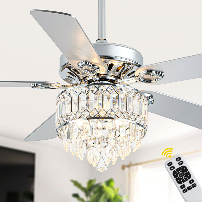 Baringer 52" Chrome Finish Modern Luxury Crystal Ceiling Fan with Lights and Remote, DC Motor 6 Speeds Reversible Ceiling Fan for Large Room