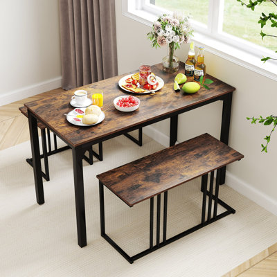 4-Piece Dining Table Set Industrial Kitchen Table Set w/ Bench & 2 Stools