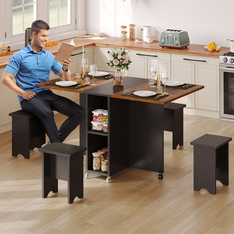 Chelia 5 Pieces Folding Extendable Dining Table Set with Drop Leaf, Storage Sehlf & Wheels, Brown