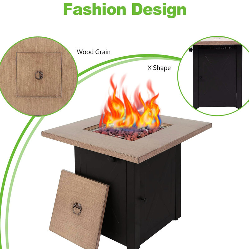 Table de foyer au gaz extérieur de 71 cm (28 po), 48 000 BTU. Carré, au propane, avec couvercle imitant le bois. Parfait pour embellir votre cour arrière, votre jardin, votre terrasse ou votre patio. Acier brun. Profondeur/largeur : 73 cm (28,73 po).