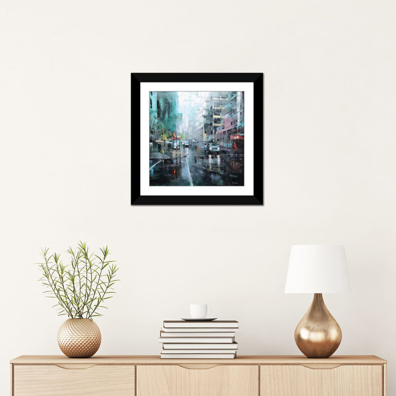 « montréal turquoise pluie », impression sur toile, Blanc, Papier d'art encadré noir, H 24 po x l 24 po x P 1 po