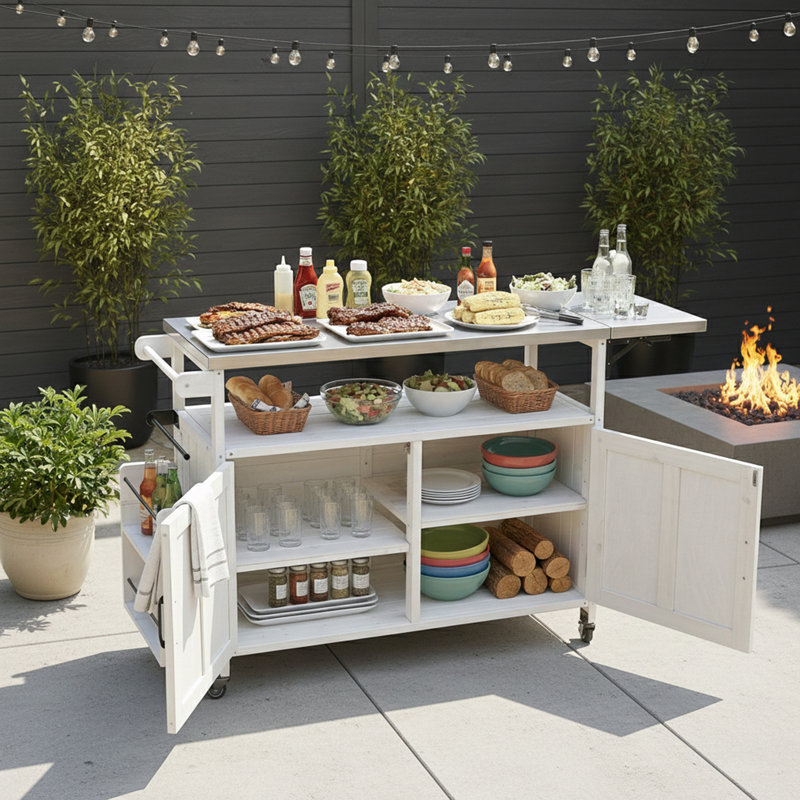 Îlot de cuisine extérieur pliable avec roues verrouillables et porte-serviettes, Blanc