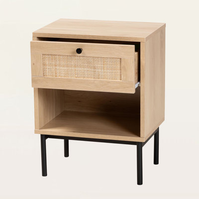 Cataleya mid-century end table with one drawer, light brown and black finish, and woven rattan detailing