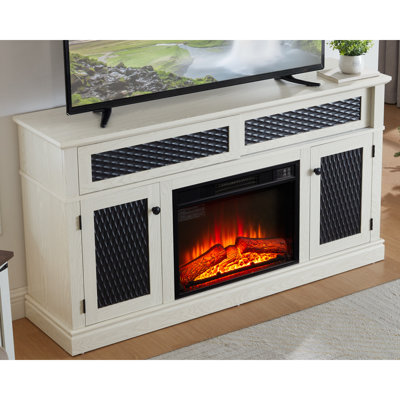 Meuble télé embossé avec foyer de 23 po, console télé et média avec espace de rangement ouvert et fermé et porte coulissante pour le salon et la chambre à coucher, blanc, l 58,27 po x l 15,35 po x 31,7 po