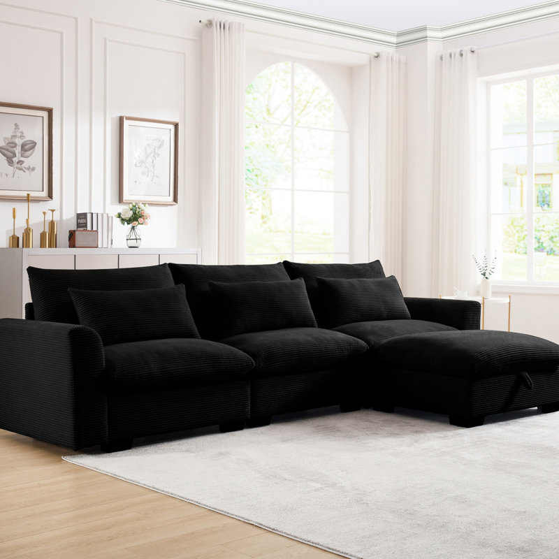 Canapé modulaire en velours côtelé noir avec rangement et 3 coussins de salon