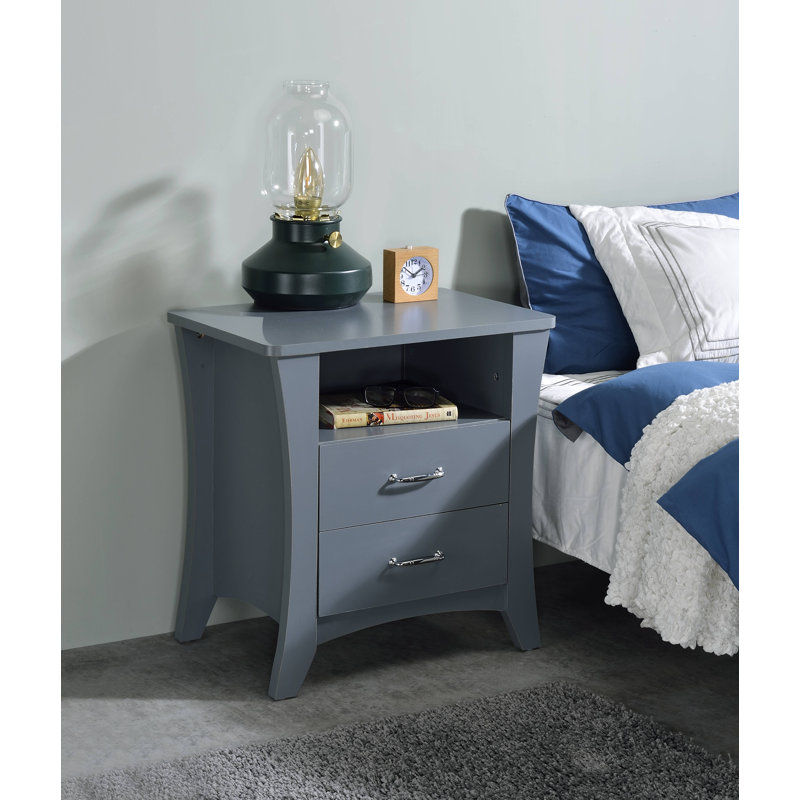 Table de chevet en bois avec 2 tiroirs et tablette ouverte Denker, Gris
