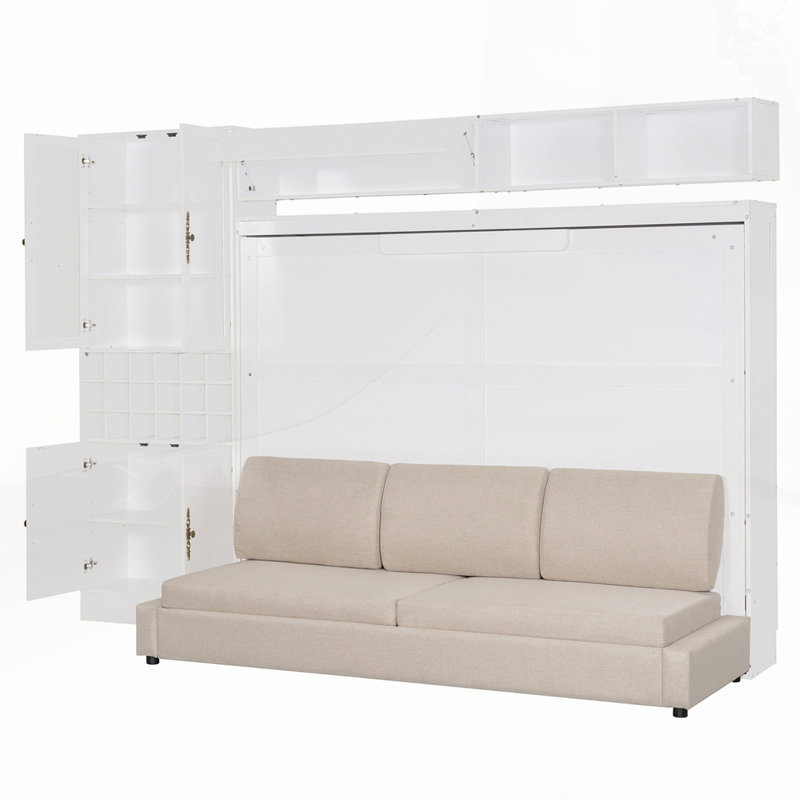 Lit escamotable mural avec canapé, tablettes USB et lumière Murphy, Blanc, Queen