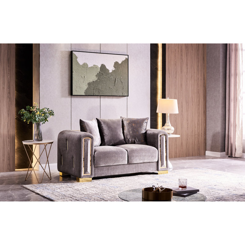 2 pièces et 3 configurations de salon gris, velours chatoyant, éléments de finition dorée, base en bois
