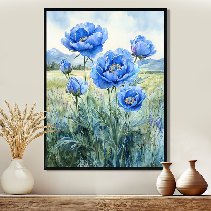 Océan bleu pivoines dans le champ I - pivoines, reproductions encadrées, Noir, Reproduction avec cadre flottant