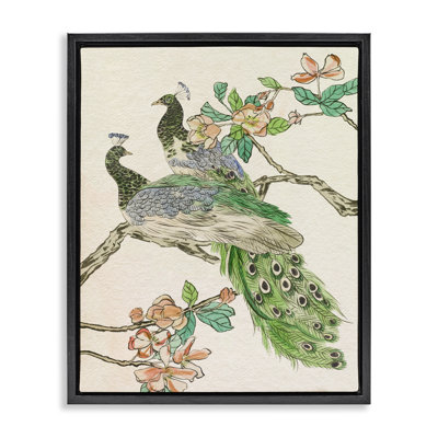 Peacock Perched on Branch Framed Floater Canvas Wall Art by Melissa Wang