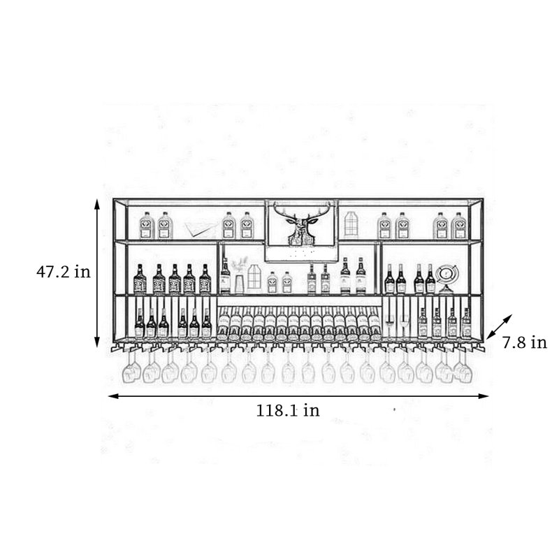 Multi-tier simple wall mounted wine rack, 47.2" H x 118.1" W x 7.8" D