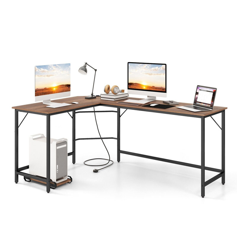 Raulston L-Shaped Metal Base Computer Desk, Beige