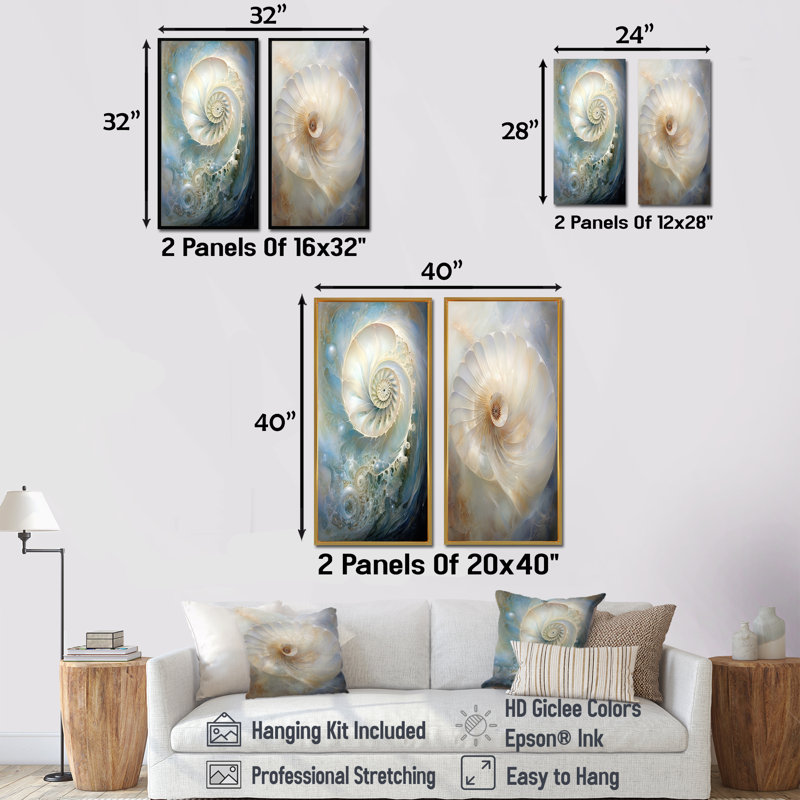 Bleu et blanc Nautilus Pearl Passage - ensemble de 2 reproductions d'art mural Nautilus, H 28 po x l 25 po, Toile tendue