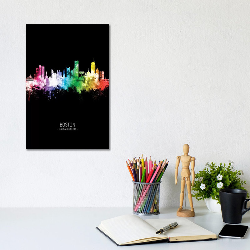 Boston Skyline Portrait Rainbow Black by Michael Tompsett - Wrapped Canvas Print, 20.32 cm H x 30.48 cm W
