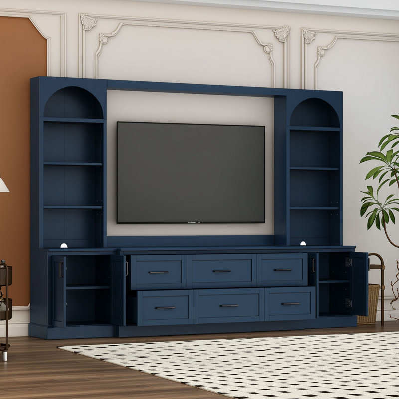 Meuble audio-vidéo avec 6 tiroirs et tablettes réglables, Bleu