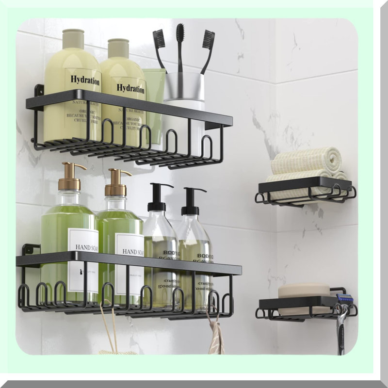 Stainless Steel SpaceSaver Shower Caddy Set - 4 Piece Wall Shelf Organizer with Hooks, 40lb Capacity