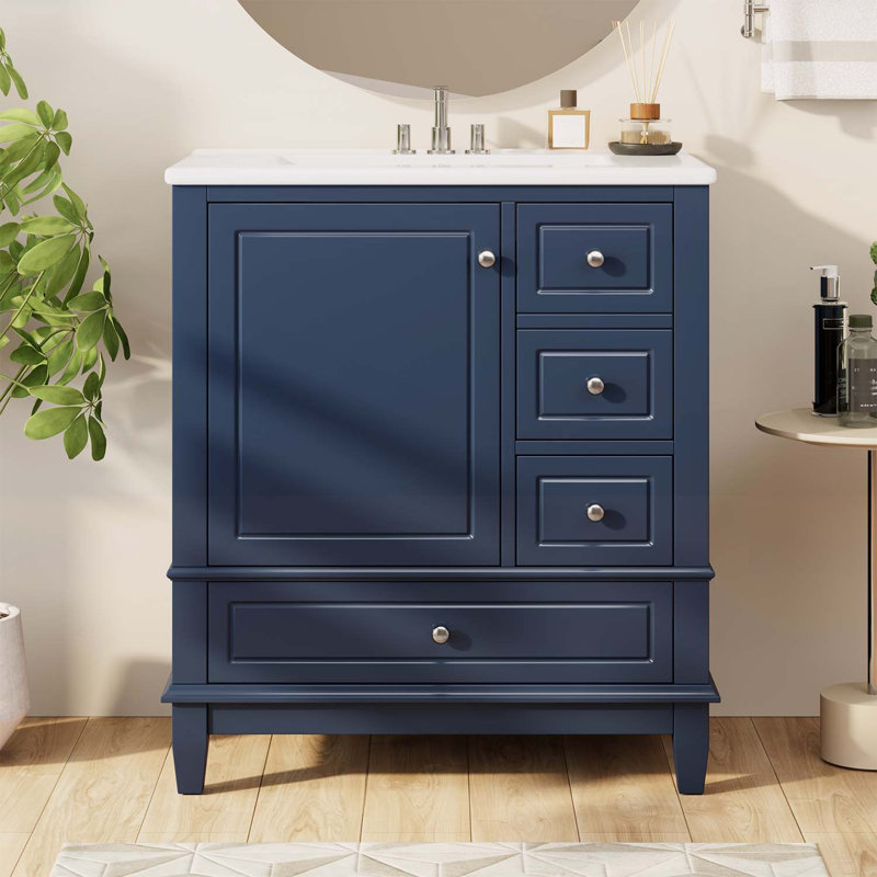 Bathroom Vanity with Sink,One Door with Shelf and Three Drawers, Blue