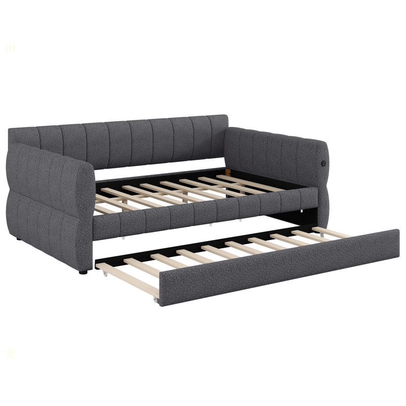 Queen Size Upholstered Platform Bed With USB And Trundle, Gray