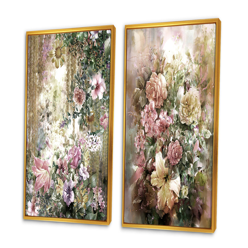 «Grunge Pink Green Summer Flowers», ensemble de 2 peintures sur toiles, H 40 po x l 40 po x P 1 po, Cadre flottant doré