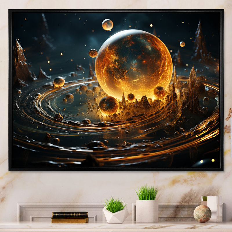 Jaune et noir, ceinture d'astéroides I - art mural de la planète espace, Cadre flottant noir, H 30 po x l 40 po x P 1,5 po