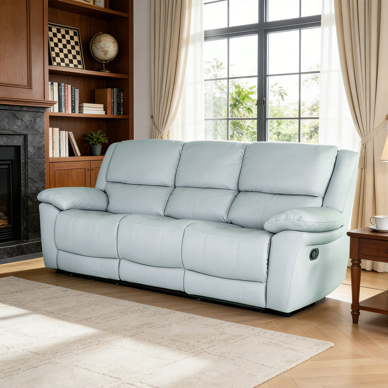 82" Wide Modern Manual Recliner Sofa, Leather Match 3 Seater for Living Room, Wall Hugger Design, with Comfortable Foam & Pocket Coil Seating