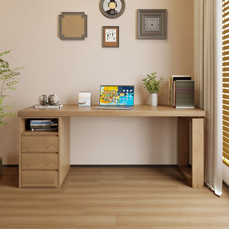 Bureau rectangulaire brun en bois massif avec 3 tiroirs, 29.53" H x 62.99" W x 23.62" D, Left Hand Return