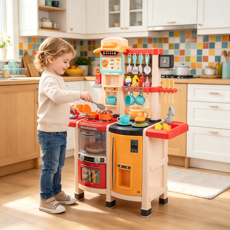 Large Pretend Play Kitchen Set for Kids 3+, Realistic Lights & Sounds Cooking Playset with Play Phone, Clock, and 65 Pcs Accessories