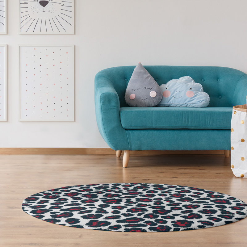 Imprimé animalier blanc/bleu marine/rouge Tapis décoratif, Rond 5 pi