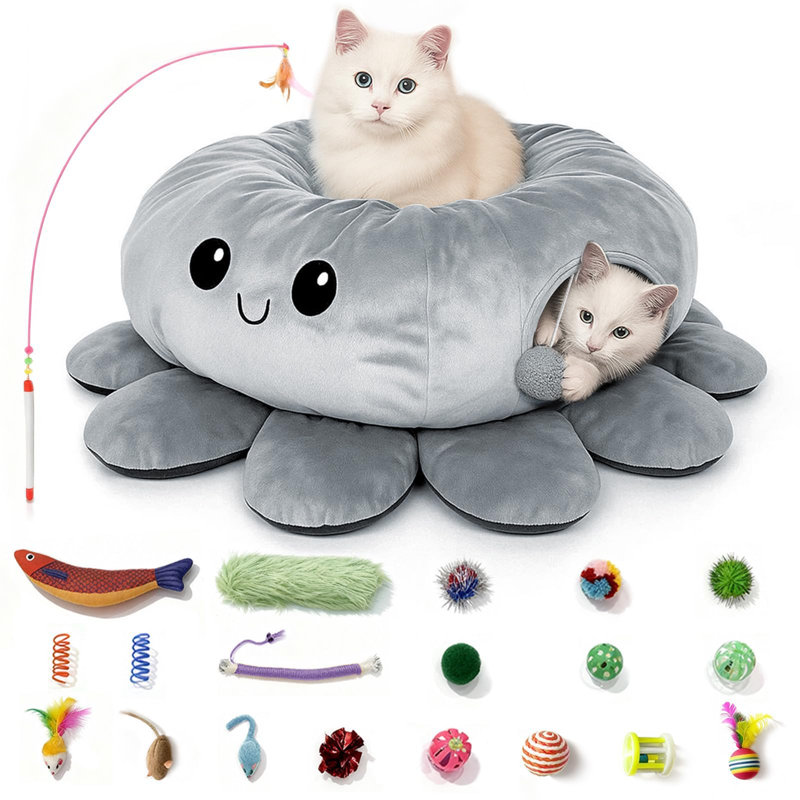 Ensemble de lit pour chat en forme de pieuvre avec 20 jouets pour chat