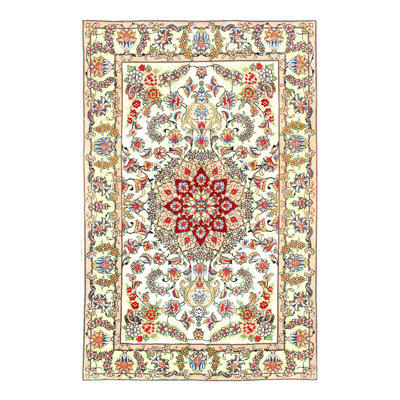 Tapis oriental rouge / beige en laine / soie / coton 3 pi 4 po x 5 pi Mihrican