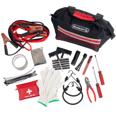Roadside Emergency Car Kit - 55-Piece Set Includes Jumper Cables, Tire Repair Supplies, First Aid Kit, Flashlight, and Travel Bag by Stalwart