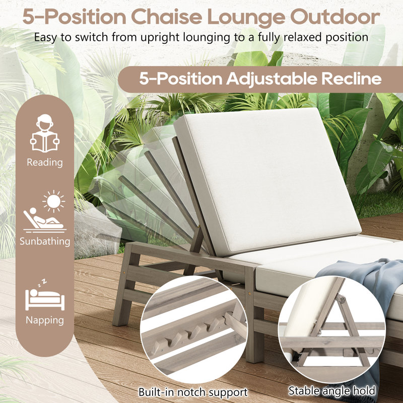 Acacia Wood Outdoor Chaise Lounge Chairs with 4" Cushions, 5-Position Adjustable Reclining Backrest, Patio Lounge Chairs for Poolside, Garden, or Balcony