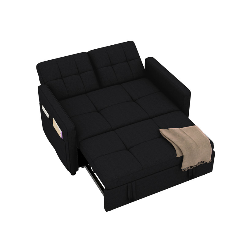  Canapé-lit convertible capitonné de 55 po de largeur avec dossier inclinable et poche latérale, Noir, noir, noir, noir