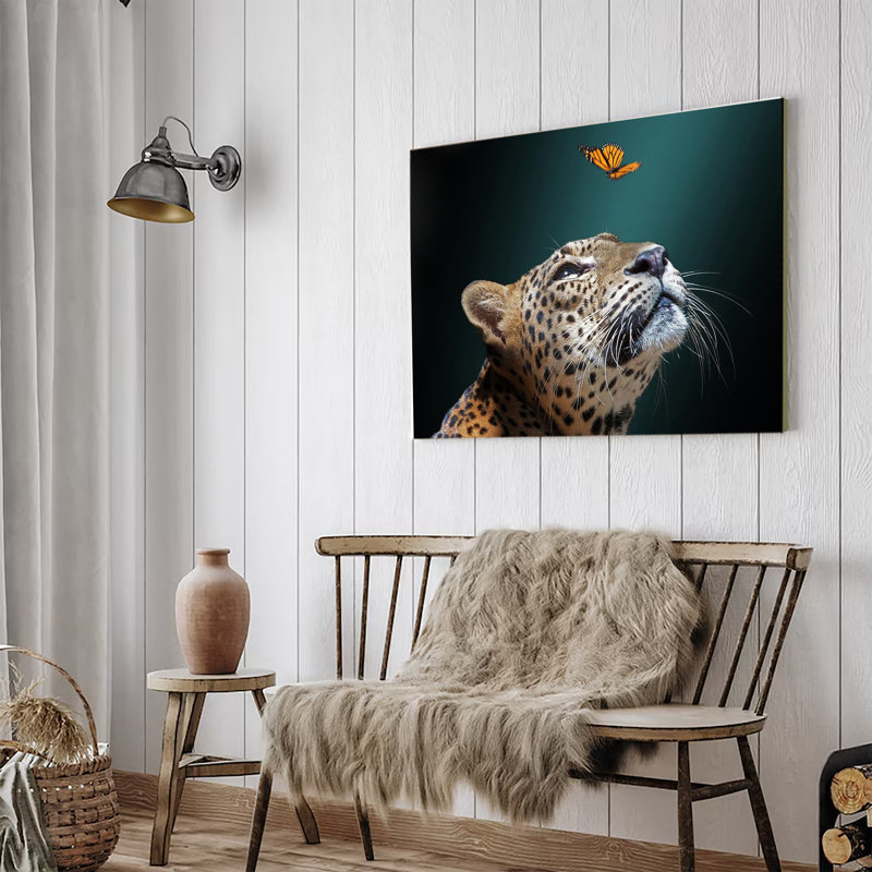 Leopard Looking at Butterfly Canvas Print, 24x36inch