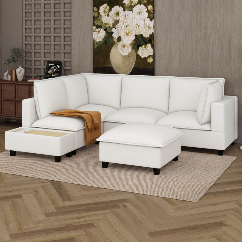 Ensemble de canapé modulaire en chenille de 90 po en U, canapé modulaire avec repose-pieds mobile, table basse avec dispositifs de chargement cachés