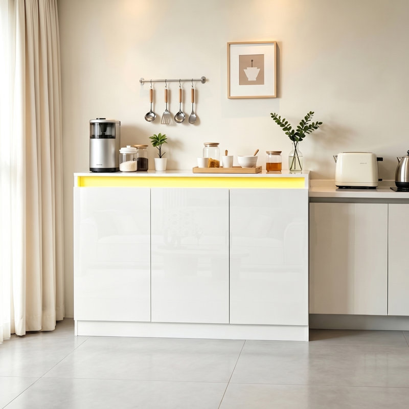 Buffet ultra brillant avec lumières à DEL, buffet café moderne avec 3 portes, armoire de rangement moderne sans poignée pour le salon, entrée, blanc