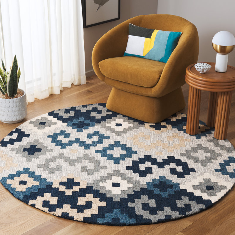 Laryiah Hand Tufted Wool/Cotton Southwestern Rug in Ivory/Blue, Round 6'