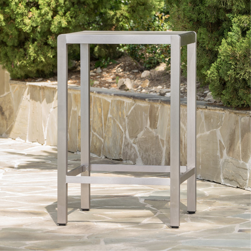 Table de bar d'extérieur en aluminium avec plateau en verre de 43 po, finition grise