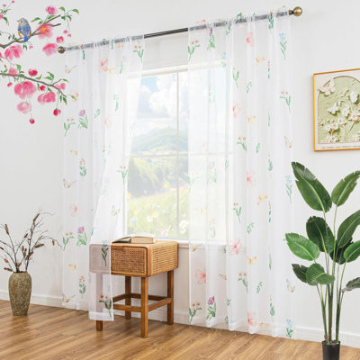 Curtains For Living Room 2 Panels Semi Sheer Curtain With Flower Leaves Printed Pattern Summer Spring Rod Pocket Voile Drapes For Bedroom