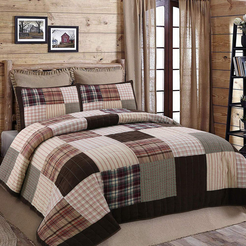 Twin Brown Cotton Reversible Patchwork Quilt Set