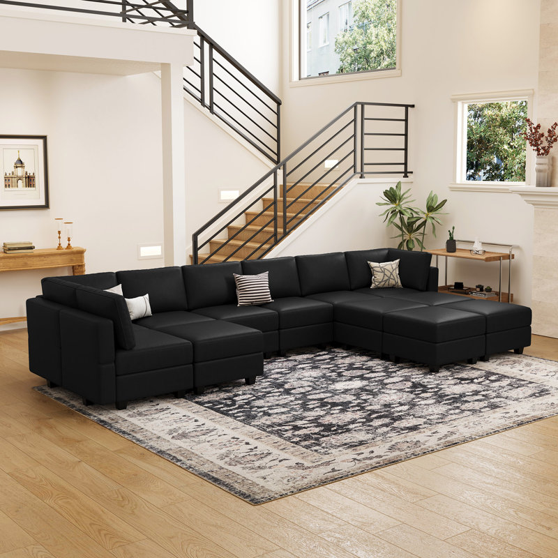 Ancram Oversized 12-Saets U Shaped Sofa Faux Leather Memory Foam Couch Storage Modular Sofa for Livingroom, Black