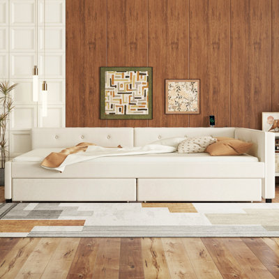 Queen Size Upholstered Platform Bed With USB And 2 Drawers, Beige