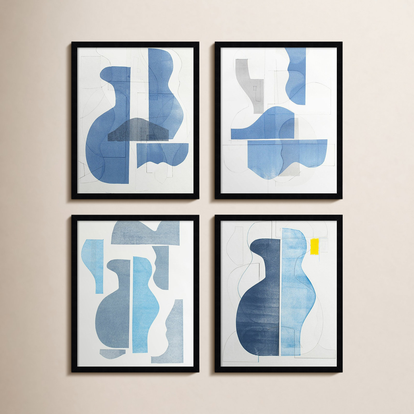 Pottery Forms 4-Piece Print Set, 37" W x 45" H, Black