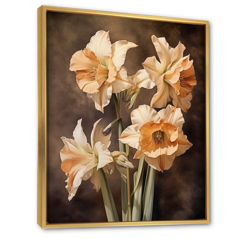 " Brown Green Daffodils Natures Impression ", 44" H x 34" W x 1.5" D, Gold Floater Framed