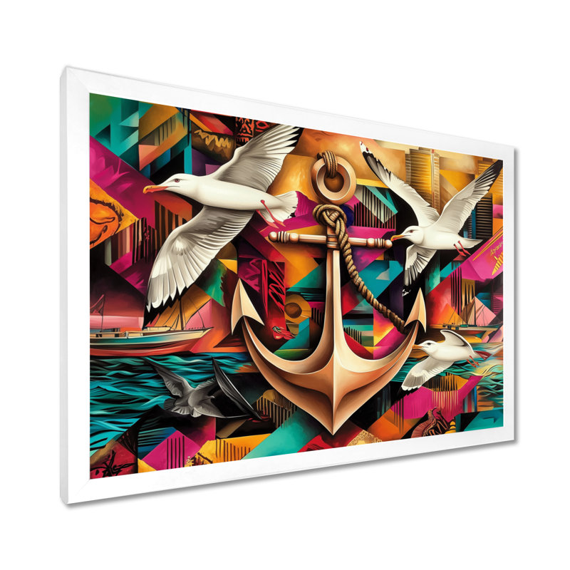 Ancre et mouettes en vol - art mural côtier, H 24 po x l 32 po, Reproduction encadrée d'une seule photo sans pass, Blanc